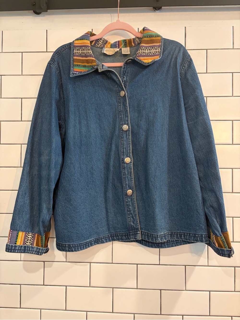 Denim Jean Jacket with Multicolor Tribal Trim - Blue